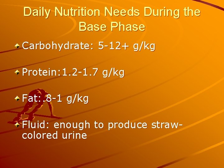 Daily Nutrition Needs During the Base Phase Carbohydrate: 5 -12+ g/kg Protein: 1. 2