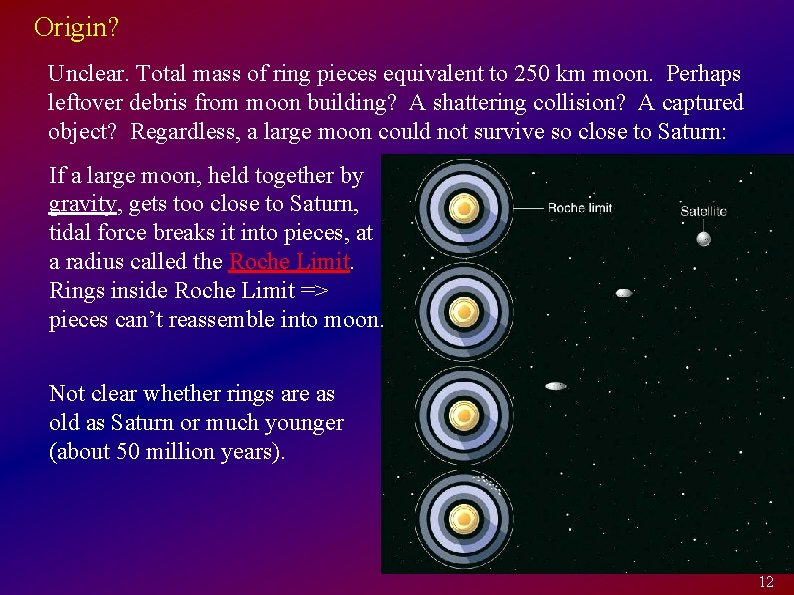 Origin? Unclear. Total mass of ring pieces equivalent to 250 km moon. Perhaps leftover