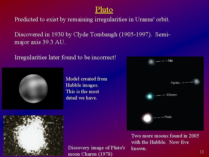 Pluto Predicted to exist by remaining irregularities in Uranus' orbit. Discovered in 1930 by
