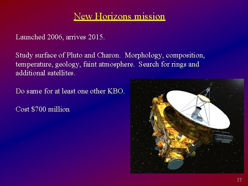 New Horizons mission Launched 2006, arrives 2015. Study surface of Pluto and Charon. Morphology,