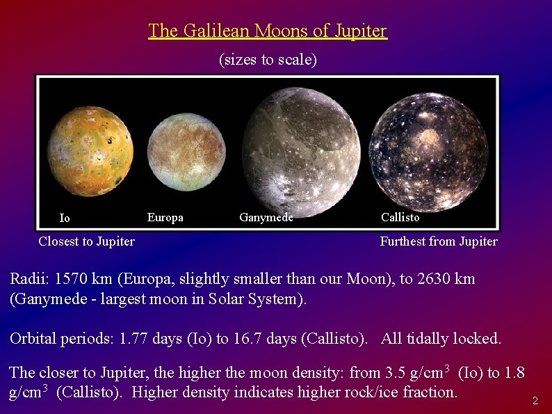 The Galilean Moons of Jupiter (sizes to scale) Io Closest to Jupiter Europa Ganymede