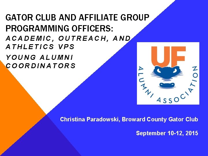 GATOR CLUB AND AFFILIATE GROUP PROGRAMMING OFFICERS: ACADEMIC, OUTREACH, AND ATHLETICS VPS YOUNG ALUMNI