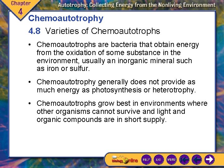 Chemoautotrophy 4. 8 Varieties of Chemoautotrophs • Chemoautotrophs are bacteria that obtain energy from Chemoautotrophy 4. 8 Varieties of Chemoautotrophs • Chemoautotrophs are bacteria that obtain energy from