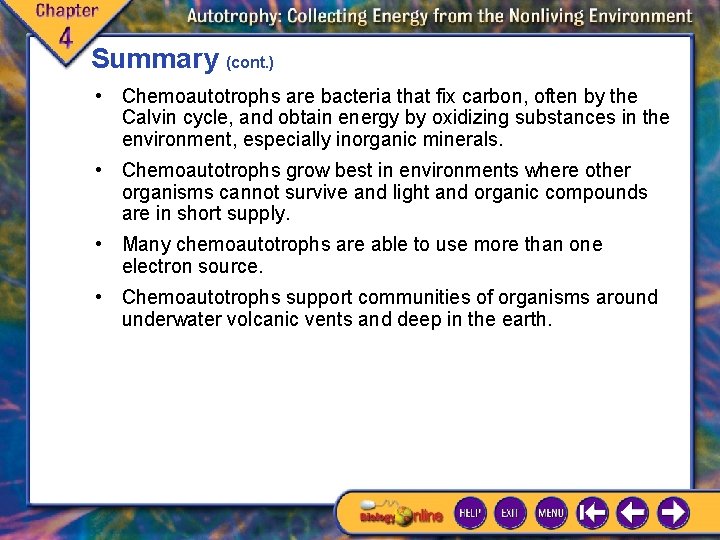 Summary (cont. ) • Chemoautotrophs are bacteria that fix carbon, often by the Calvin Summary (cont. ) • Chemoautotrophs are bacteria that fix carbon, often by the Calvin