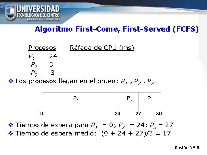 Algoritmo First-Come, First-Served (FCFS) Procesos Ráfaga de CPU (ms) P 1 24 P 2 Algoritmo First-Come, First-Served (FCFS) Procesos Ráfaga de CPU (ms) P 1 24 P 2