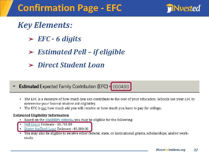 Confirmation Page - EFC Key Elements: ➤ EFC - 6 digits ➤ Estimated Pell