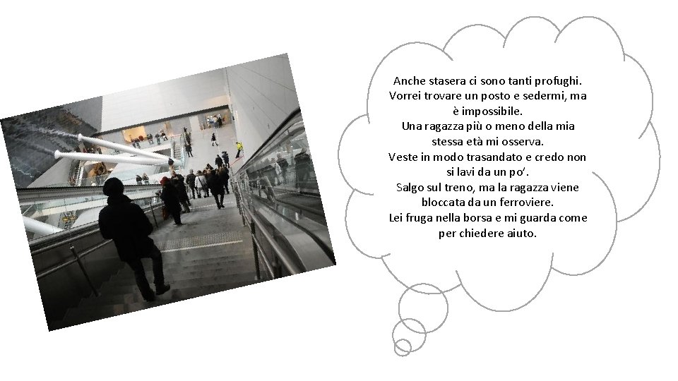 Anche stasera ci sono tanti profughi. Vorrei trovare un posto e sedermi, ma è