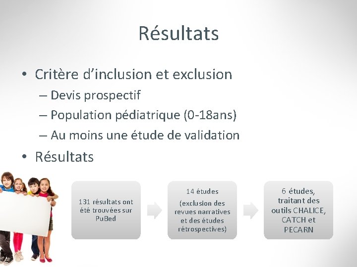 Résultats • Critère d’inclusion et exclusion – Devis prospectif – Population pédiatrique (0 -18