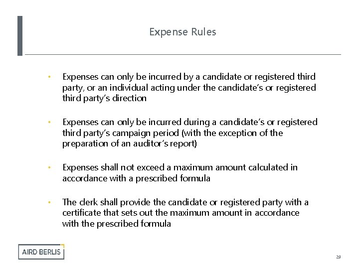 Expense Rules • Expenses can only be incurred by a candidate or registered third