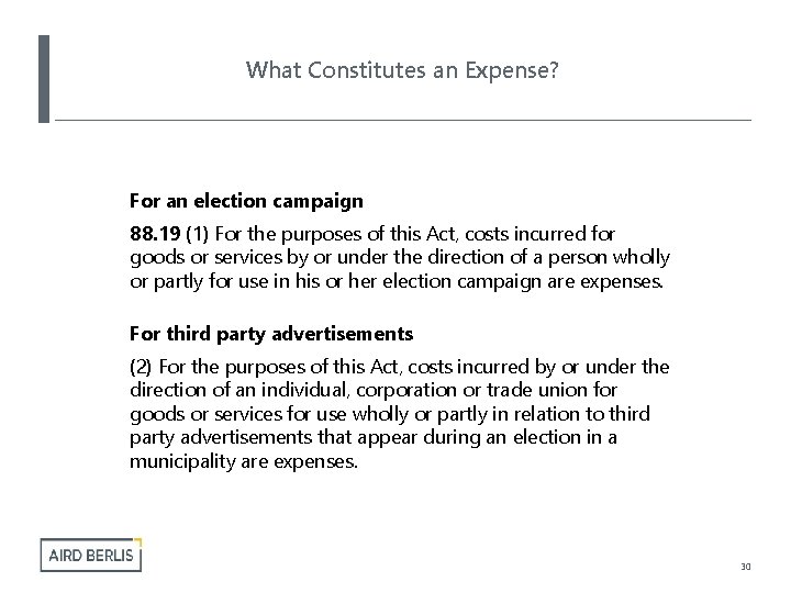 What Constitutes an Expense? For an election campaign 88. 19 (1) For the purposes