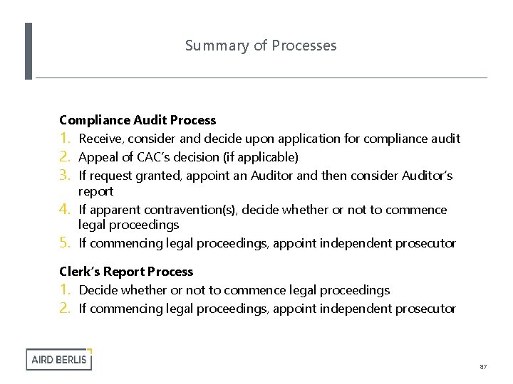 Summary of Processes Compliance Audit Process 1. Receive, consider and decide upon application for