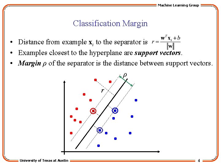 Machine Learning Group Classification Margin • Distance from example xi to the separator is