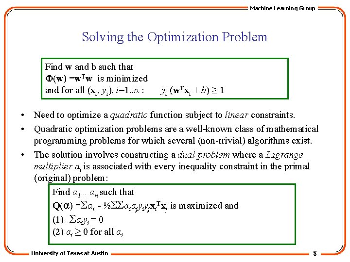 Machine Learning Group Solving the Optimization Problem Find w and b such that Φ(w)