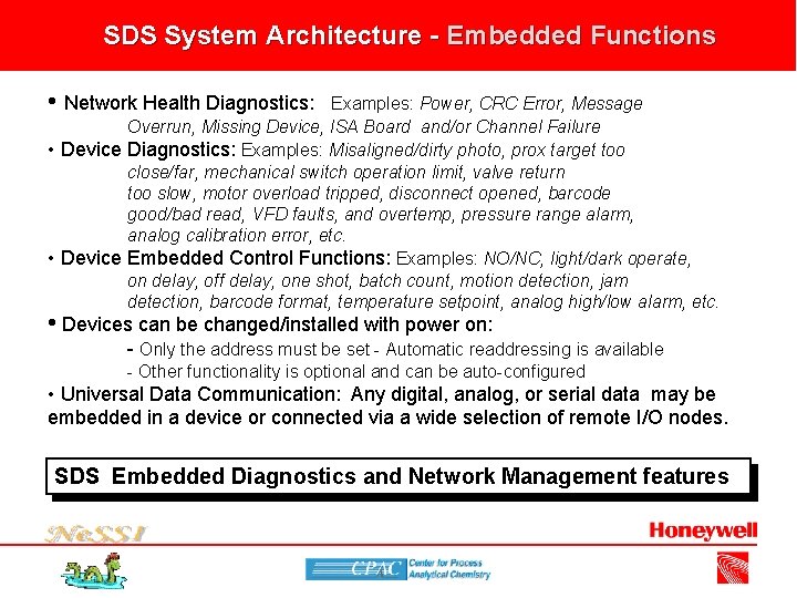 SDS System Architecture - Embedded Functions • Network Health Diagnostics: Examples: Power, CRC Error,