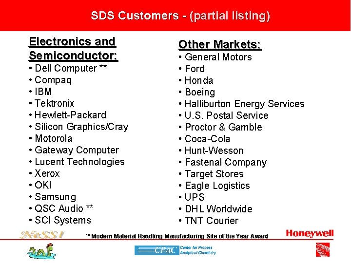 SDS Customers - (partial listing) Electronics and Semiconductor: • Dell Computer ** • Compaq