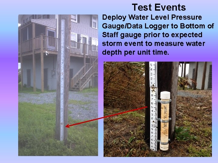Test Events Deploy Water Level Pressure Gauge/Data Logger to Bottom of Staff gauge prior