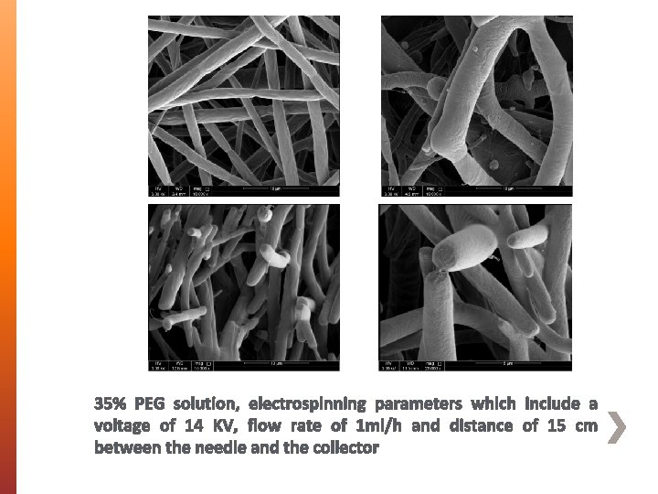 35% PEG solution, electrospinning parameters which include a voltage of 14 KV, flow rate