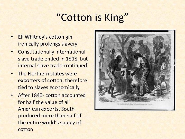 “Cotton is King” • Eli Whitney’s cotton gin ironically prolongs slavery • Constitutionally international