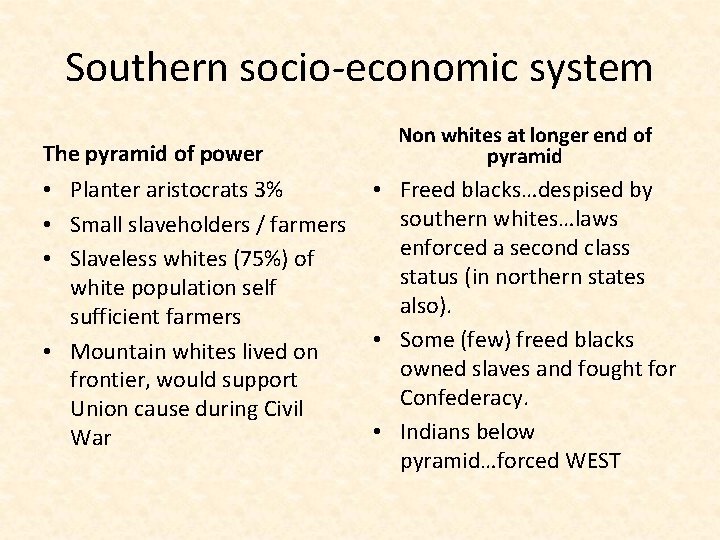Southern socio-economic system The pyramid of power • Planter aristocrats 3% • Small slaveholders
