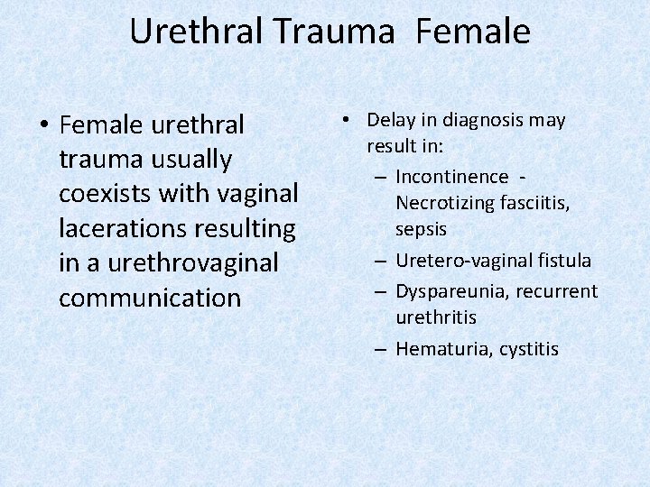 Urethral Trauma Female • Female urethral trauma usually coexists with vaginal lacerations resulting in