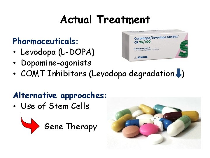 Actual Treatment Pharmaceuticals: • Levodopa (L-DOPA) • Dopamine-agonists • COMT Inhibitors (Levodopa degradation )