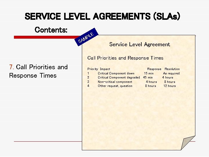 SERVICE LEVEL AGREEMENTS (SLAs) Contents: S E PL M A Service Level Agreement Call