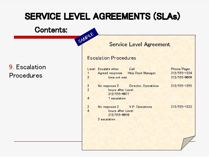 SERVICE LEVEL AGREEMENTS (SLAs) Contents: E PL M A S Service Level Agreement Escalation