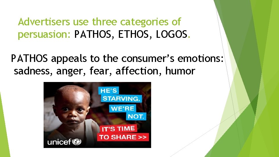 Advertisers use three categories of persuasion: PATHOS, ETHOS, LOGOS. PATHOS appeals to the consumer’s