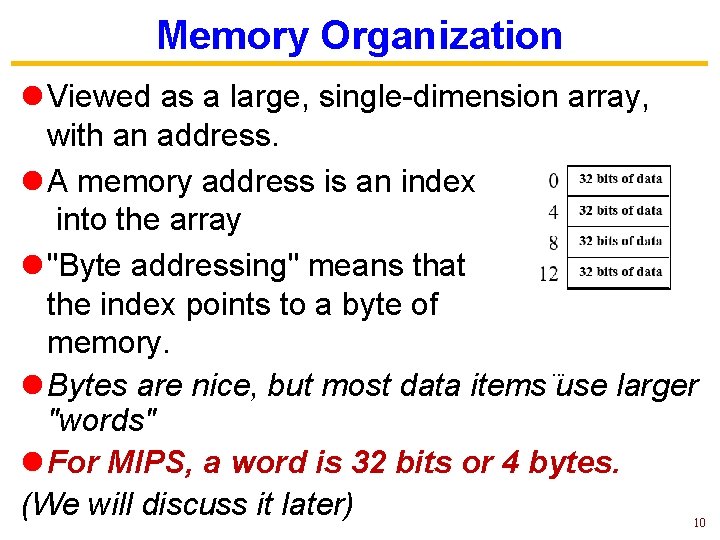 Memory Organization l Viewed as a large, single-dimension array, with an address. 0 l Memory Organization l Viewed as a large, single-dimension array, with an address. 0 l
