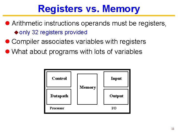 Registers vs. Memory l Arithmetic instructions operands must be registers, u only 32 registers Registers vs. Memory l Arithmetic instructions operands must be registers, u only 32 registers