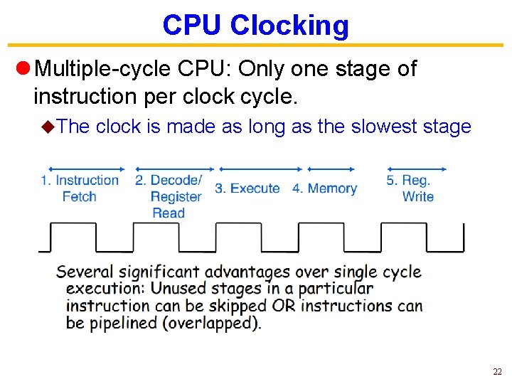 CPU Clocking l Multiple-cycle CPU: Only one stage of instruction per clock cycle. u. CPU Clocking l Multiple-cycle CPU: Only one stage of instruction per clock cycle. u.