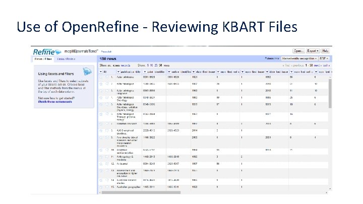 Use of Open. Refine - Reviewing KBART Files 