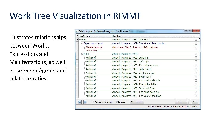 Work Tree Visualization in RIMMF Illustrates relationships between Works, Expressions and Manifestations, as well