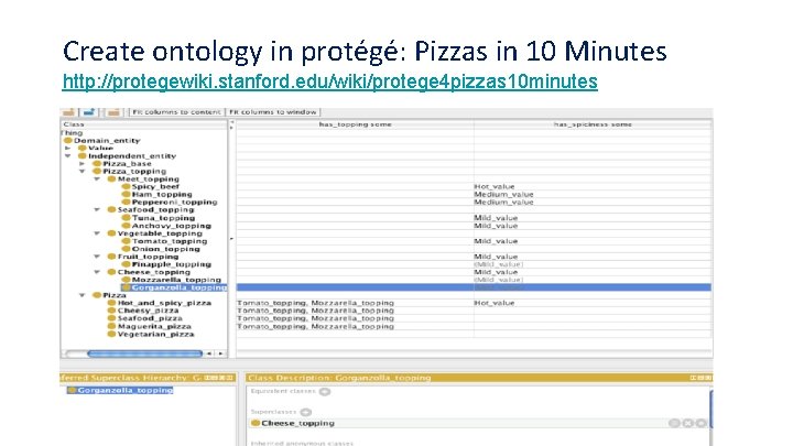 Create ontology in protégé: Pizzas in 10 Minutes http: //protegewiki. stanford. edu/wiki/protege 4 pizzas