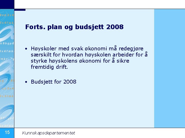 Forts. plan og budsjett 2008 • Høyskoler med svak økonomi må redegjøre særskilt for