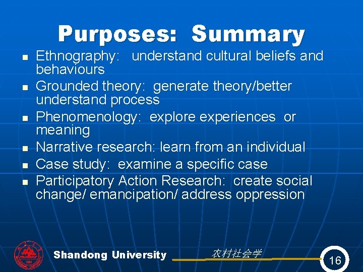 Purposes: Summary n n n Ethnography: understand cultural beliefs and behaviours Grounded theory: generate