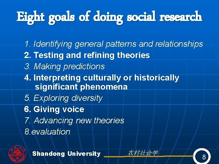Eight goals of doing social research 1. Identifying general patterns and relationships 2. Testing