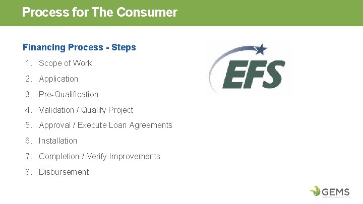 Process for The Consumer Financing Process - Steps 1. Scope of Work 2. Application