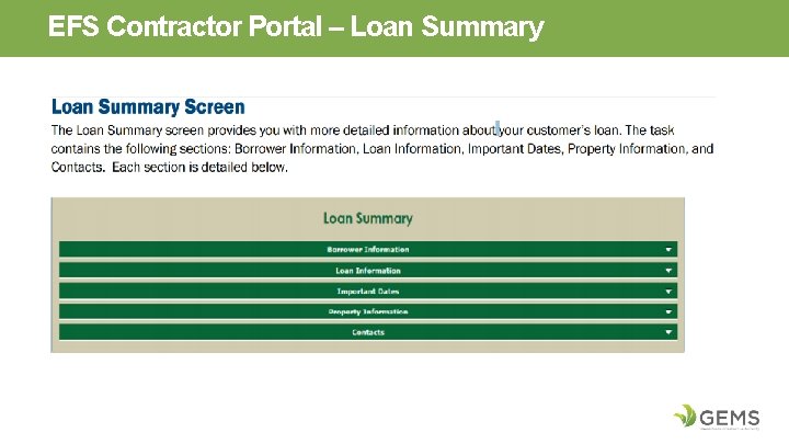 EFS Contractor Portal – Loan Summary 