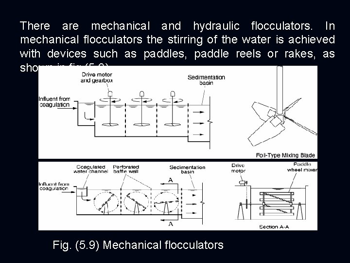 There are mechanical and hydraulic flocculators. In mechanical flocculators the stirring of the water