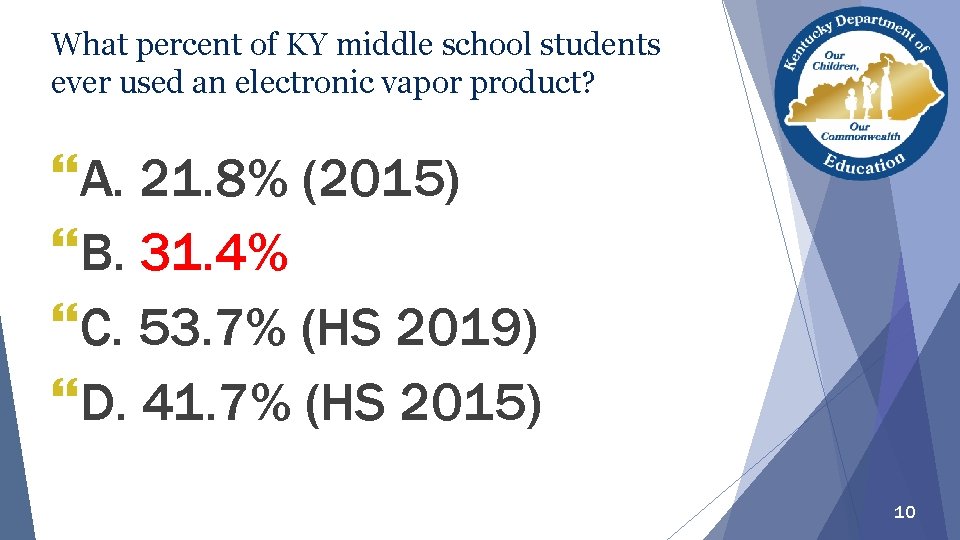 What percent of KY middle school students ever used an electronic vapor product? }A.