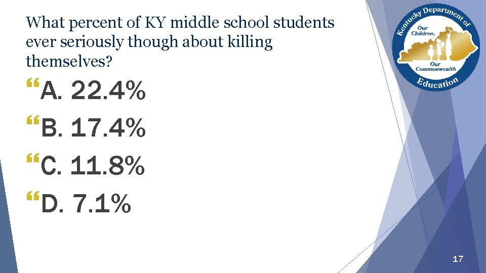 What percent of KY middle school students ever seriously though about killing themselves? }A.