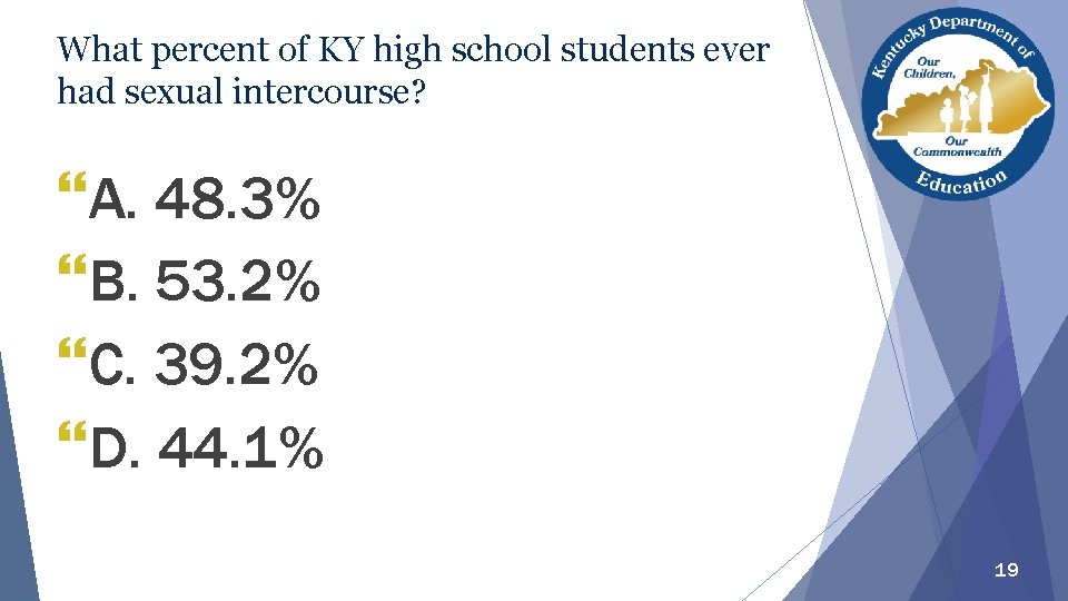 What percent of KY high school students ever had sexual intercourse? }A. 48. 3%