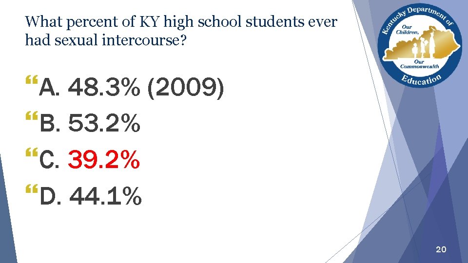 What percent of KY high school students ever had sexual intercourse? }A. 48. 3%