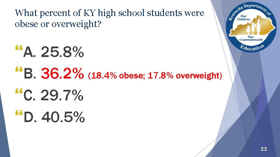 What percent of KY high school students were obese or overweight? }A. 25. 8%