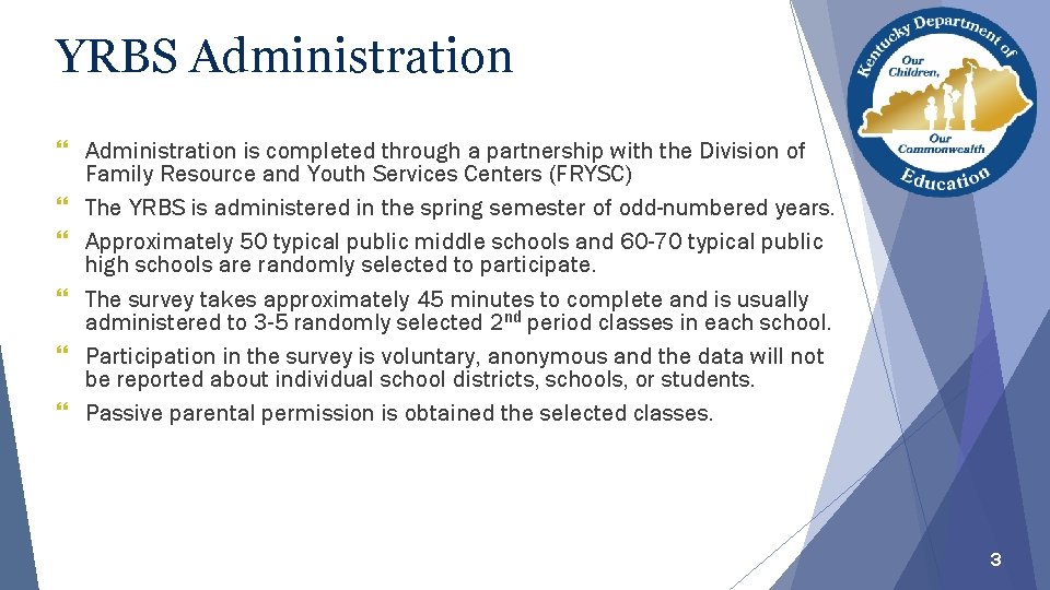 YRBS Administration } Administration is completed through a partnership with the Division of Family