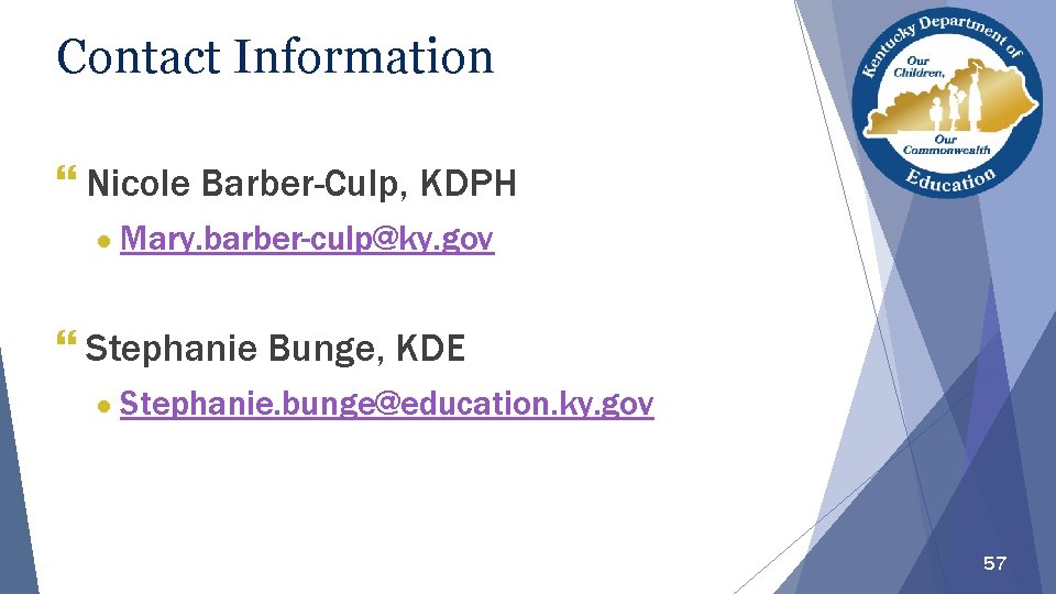 Contact Information } Nicole Barber-Culp, KDPH ● Mary. barber-culp@ky. gov } Stephanie Bunge, KDE