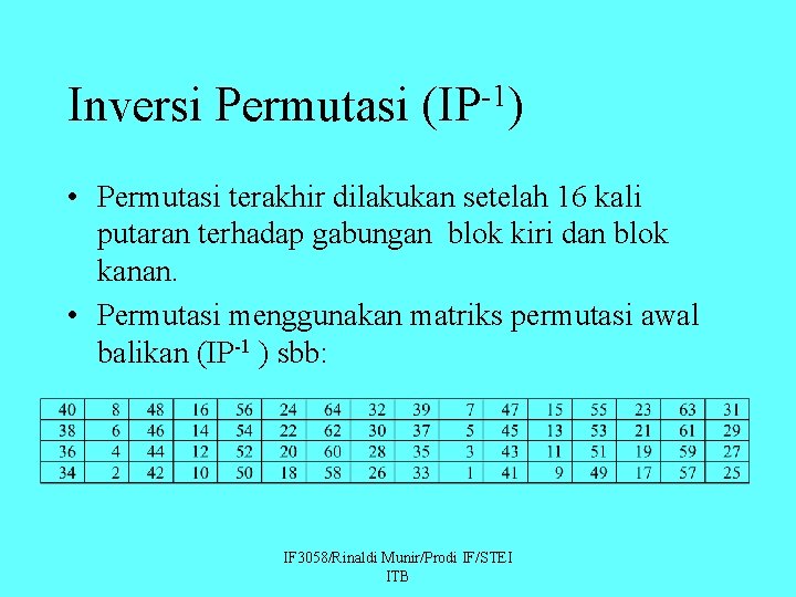 -1 Inversi Permutasi (IP ) • Permutasi terakhir dilakukan setelah 16 kali putaran terhadap