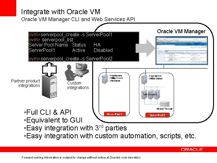 Integrate with Oracle VM Manager CLI and Web Services API ovm>serverpool_create -s Server. Pool Integrate with Oracle VM Manager CLI and Web Services API ovm>serverpool_create -s Server. Pool