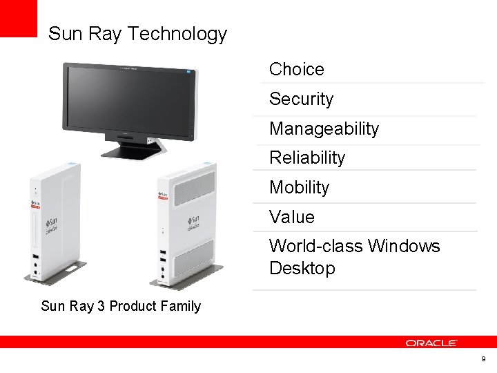 Sun Ray Technology Choice Security Manageability Reliability Mobility Value World-class Windows Desktop Sun Ray Sun Ray Technology Choice Security Manageability Reliability Mobility Value World-class Windows Desktop Sun Ray